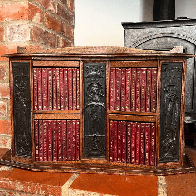 Arts &amp; Crafts Oak Desk Top Bookcase With 3 Bronze Art Nouveau Period Plaques 