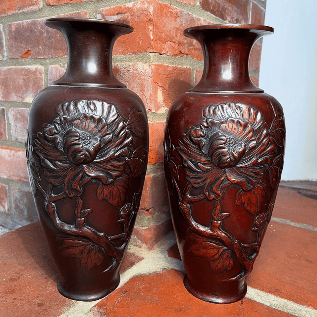 A Matched Pair of Antique Meiji Period Japanese Bronze Vases