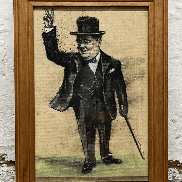 A Naive Charcoal Hand Sketched Portrait Of Winston Churchill- Signed 