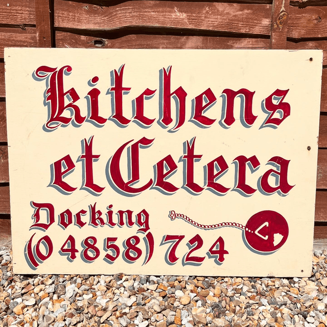 Vintage Hand Painted Business Advertising Sign For “KITCHENS ETCETERA”