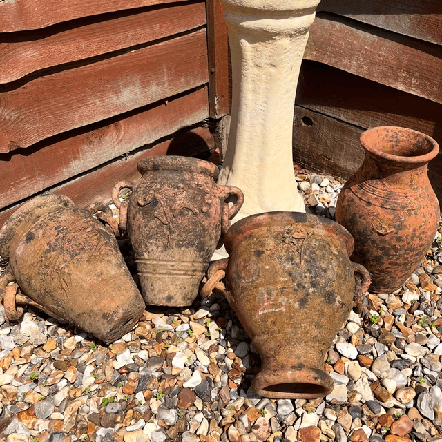 Various Salvaged Antique Hand Thrown Terracotta Garden Urns/ Olive Pots